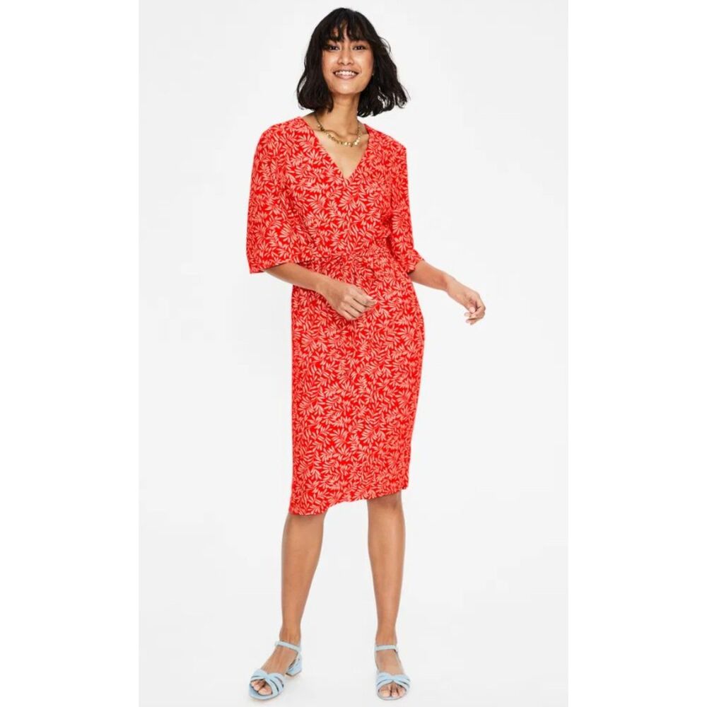 BODEN Bright Reddish Orange Print Sz 8 Church Office Knee Length Sheath Dress